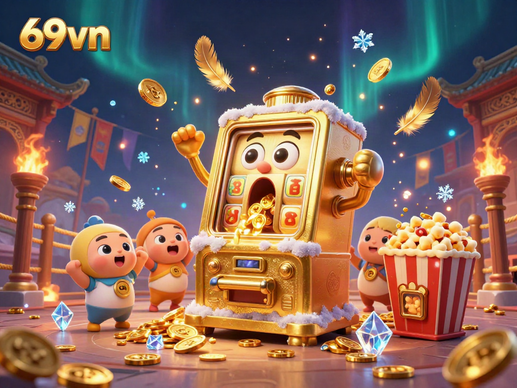 Engage with 69vn's thrilling slot machine action, featuring vibrant characters and dynamic casino elements.