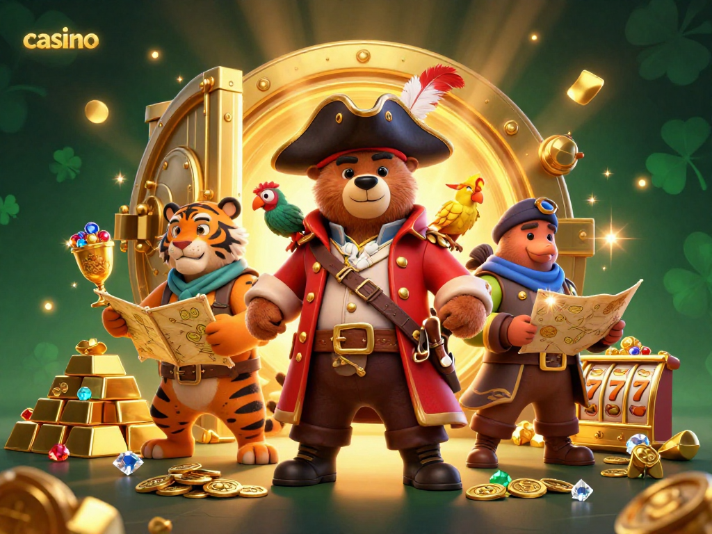 Colorful casino scene featuring a bear pirate captain, a tiger first mate, and treasure elements.