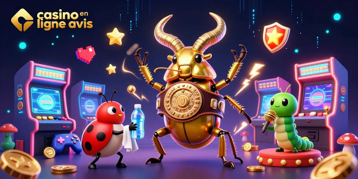 Obtenez des avis sur les casinos en ligne avec une illustration dynamique comprenant des personnages de jeux.