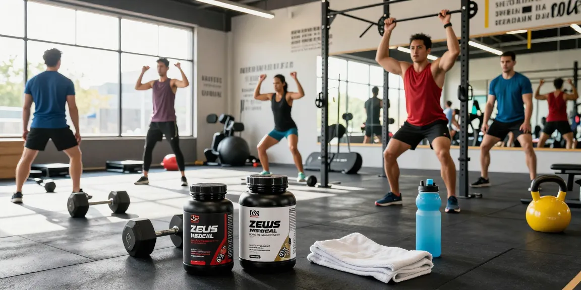 Athletes working out with Zeus Medical supplements in a vibrant gym setting, showcasing strength and fitness.