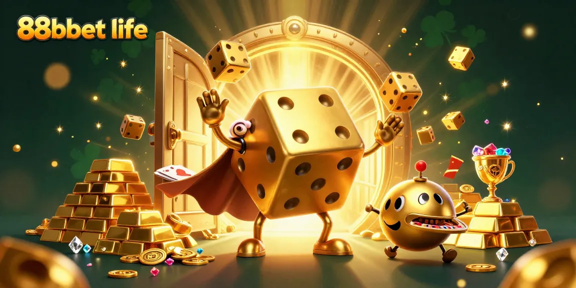Engage in thrilling gaming at 88bbet life with vivid illustrations of a golden dice golem and captivating casino elements.