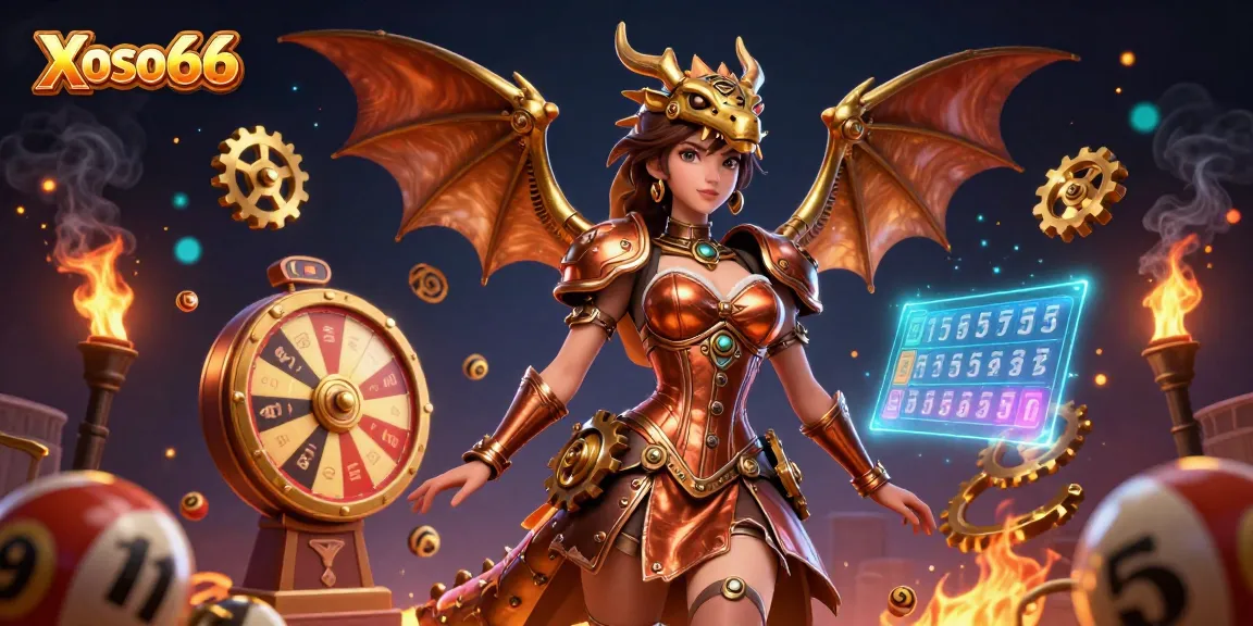Xoso66 features a stunning woman and a clockwork dragon amid a vibrant lottery scene, showcasing luck.