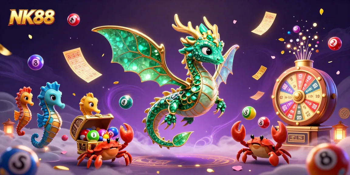 Experience thrilling casino adventures with NK88 and vibrant elements like lottery balls and treasure.
