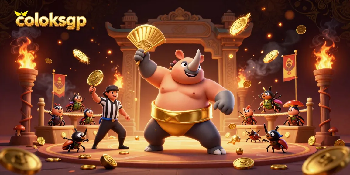 Experience thrilling gameplay on coloksgp with a vibrant scene depicting a powerful beetle champion amidst flying golden coins.