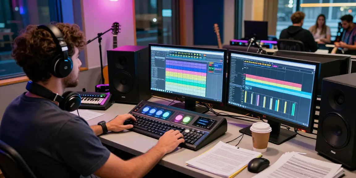 Music producer managing a billing system for internet radio, overseeing soundboards and streaming analytics in a dynamic studio.