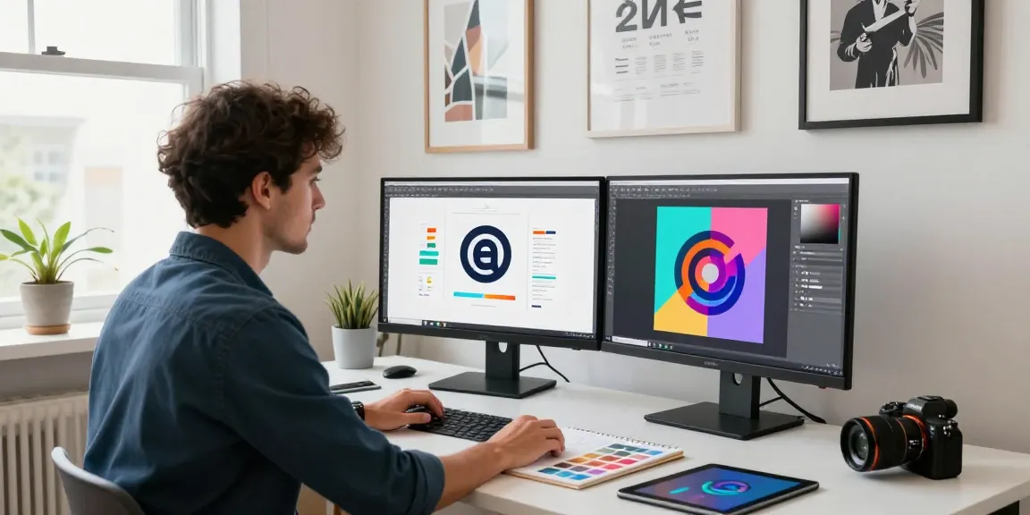 Grafik freelancer w minimalistycznym biurze projektuje logo dla klienta, obok szkice i narzędzia graficzne.