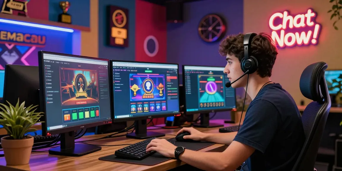Engaging Lemacau Live Chat support scene with a professional at a modern workstation in an online casino environment.
