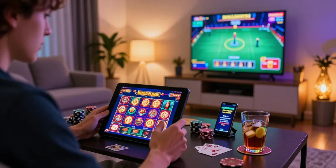 Engaging scene of a user enjoying MEGA888 casino games on a tablet in a lively room.