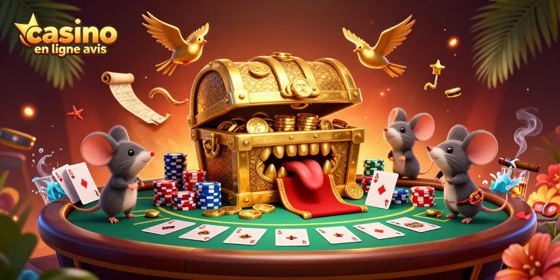Critique d'avis de casino en ligne avec une illustration animée de jeux de poker.