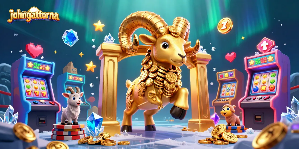Spin the jackpot with johngattorna's golden ram amidst colorful casino elements.