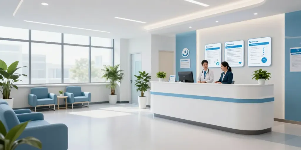 Area resepsi klinik kesehatan modern dengan akses mpo500 login yang nyaman dan informatif.