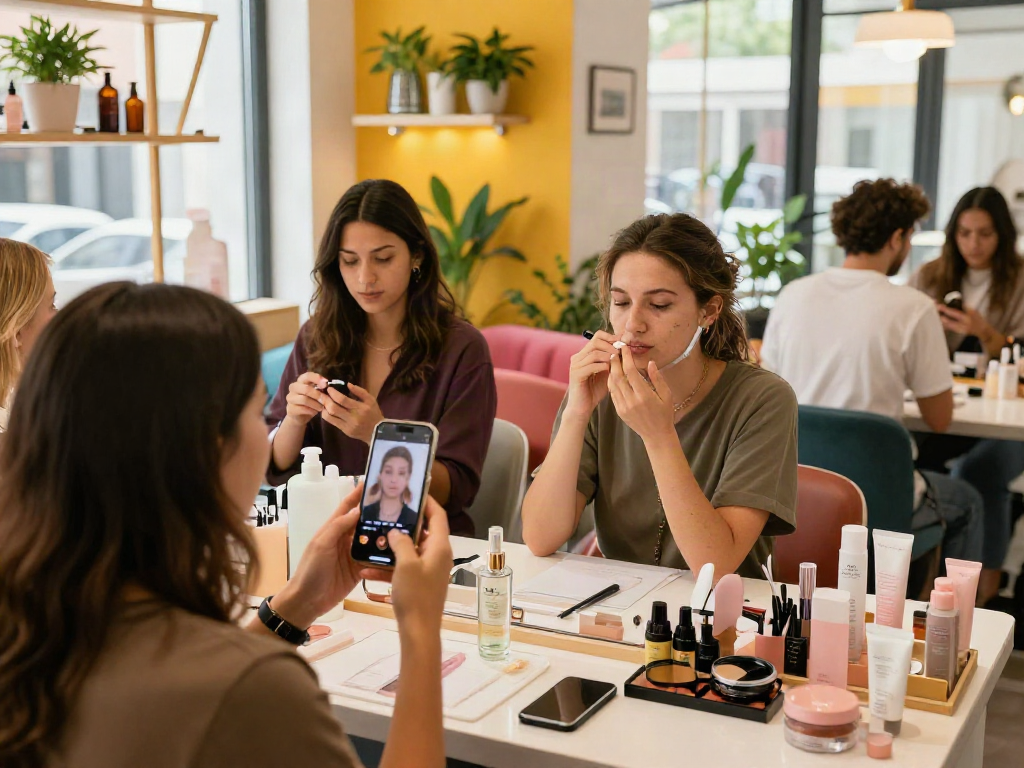 Individuals testing attractiveness with a mobile app in a modern beauty salon.