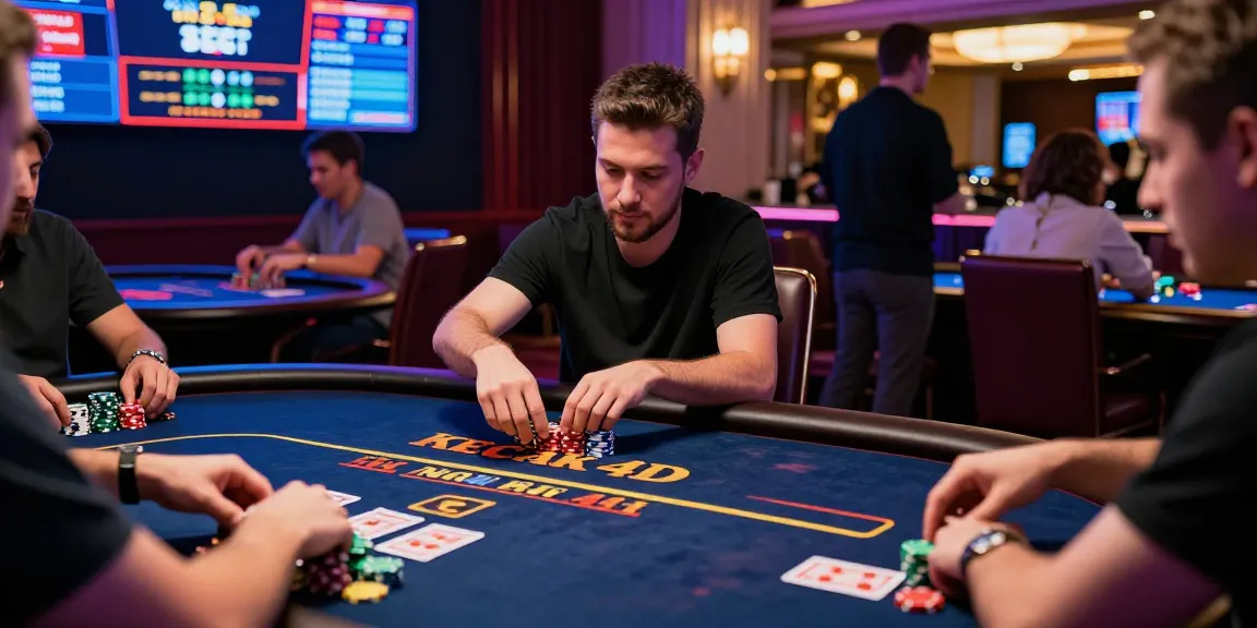 Kecak4D gambling scene with a focused player at a poker table, surrounded by chips, cards, and vibrant casino lighting.
