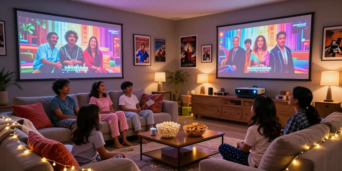 Family enjoying a movie night at home with Bolly4u org's film selections.