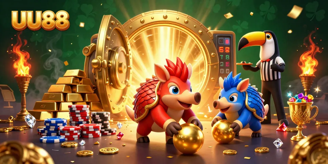 Experience thrilling gambling action at UU88 with cartoon pangolins amidst poker chips and golden treasures.