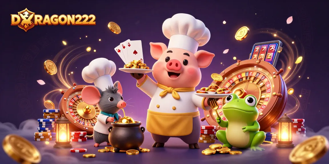 Win big with DRAGON222 as a chef pig serves gold coins in a vibrant casino scene.