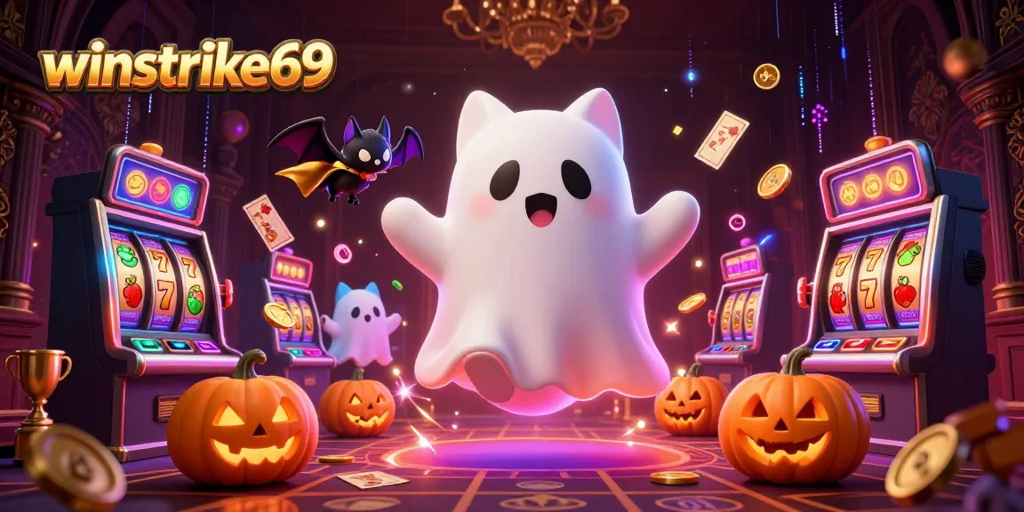 Play exciting games with winstrike69 featuring animated characters in a haunted casino filled with slot machines and glowing symbols.