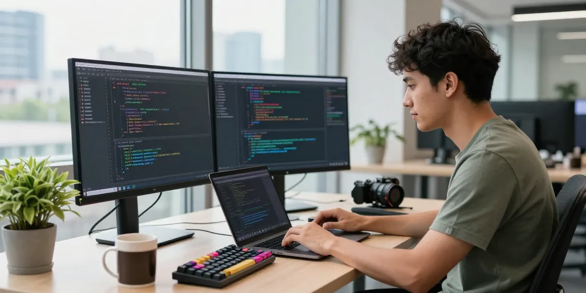 Developer focusing on FiveM Qbcore Scripts in a modern workspace with dual monitors.