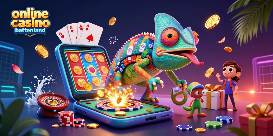 Experience vibrant gaming action in the online casino buitenland with a chameleon casino owner amidst golden coins and slot games.