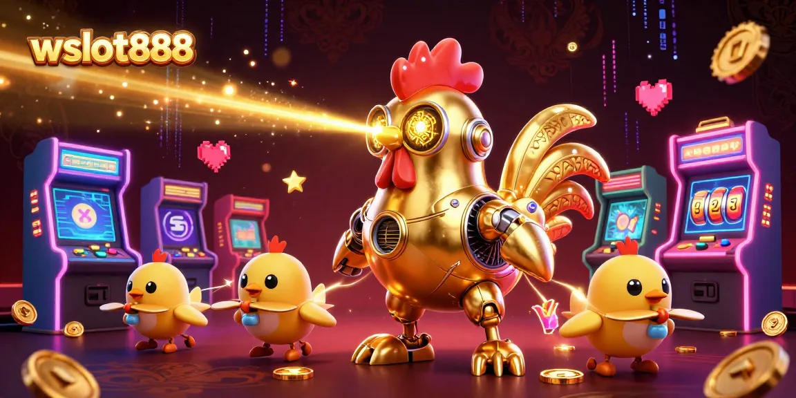 Permainan slot menarik di wslot888 ditunjukkan dengan karakter robot berwarna emas dan mesin game yang penuh warna.