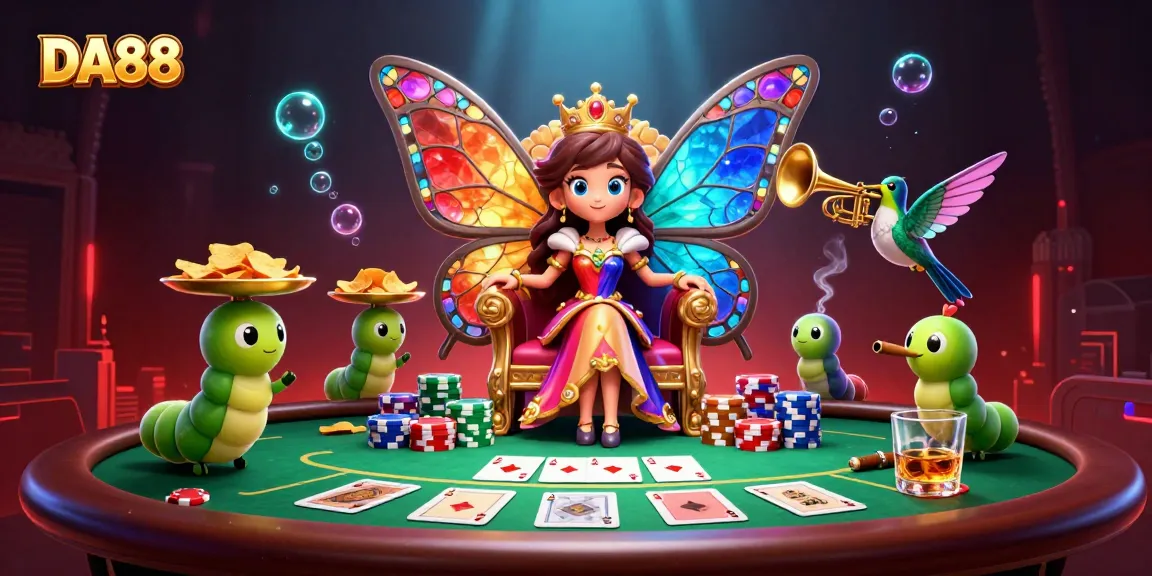 Experience DA88's vibrant poker scene featuring a butterfly queen and lively poker elements.