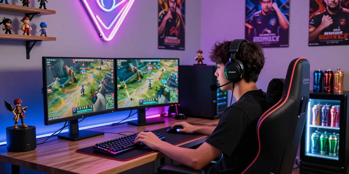 Gamer in a vibrant home office setting, exploring raja328 alternatif gaming opportunities.