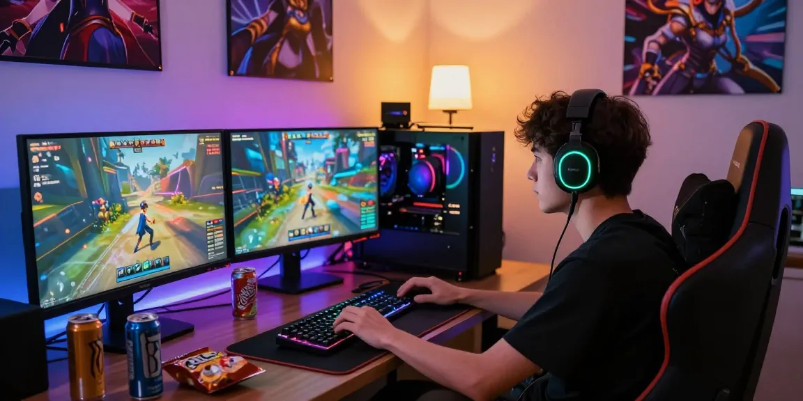 Immersive gaming setup showcasing 7meter action with vibrant screens, dynamic lighting, and a focused player.